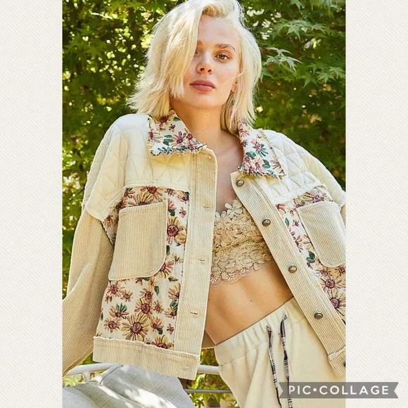 NWT POL Contrast Quilt Panel Corduroy Jacquard Jacket in Beige (Price Firm) - Picture 3 of 10